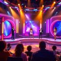 Studiu TV modern cu lumini colorate și public entuziast.
